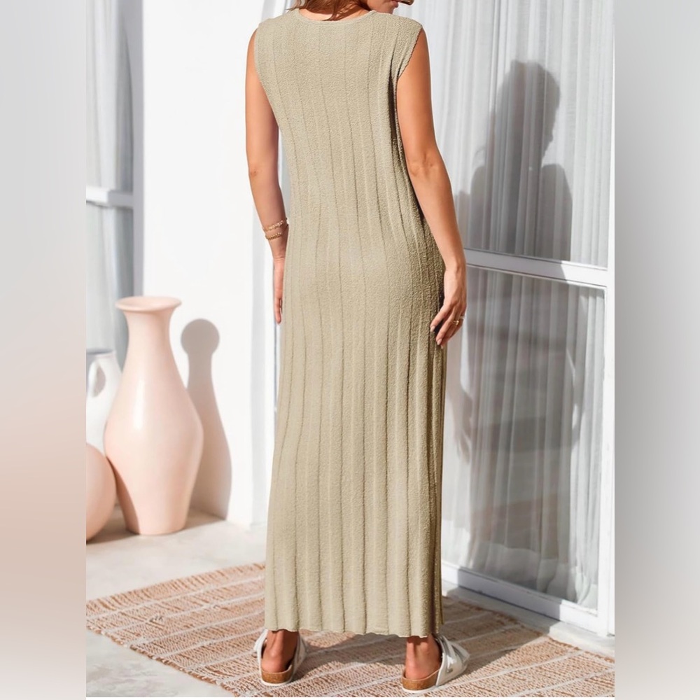 Camel / Tan Wide Ribbed Sweater Tank Midi / Maxi Dress - Picture 10 of 12